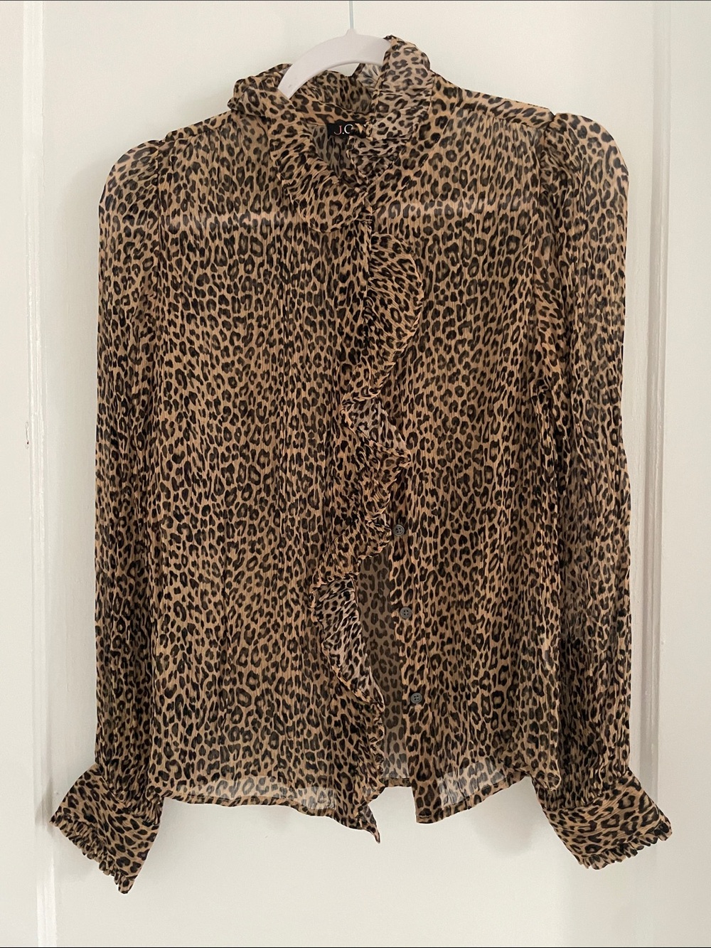 J Crew Leopard-Print Ruffle Front Blouse in Brown and Black Silk sheer